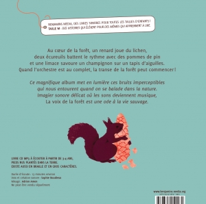 Dos du livre La voix de la forêt. On y voit un écureuil grignotant une pomme de pin. 