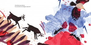 Double page intérieure de La voix de la forêt. Tichodrome, chamoix et fourmis sont réunis. 