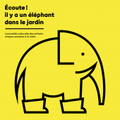 logo de l'émission "Ecoute ! Il y a un éléphant dans le jardin"/éléphant au trait noir sur fond jaune. 