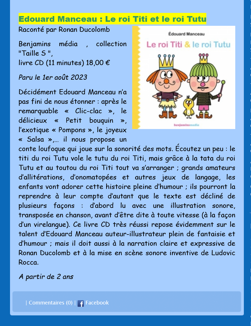 Le roi Titi et le roi Tutu, coup de coeur de Françoise Ténier, spécialiste du livre sonore pour enfants. 